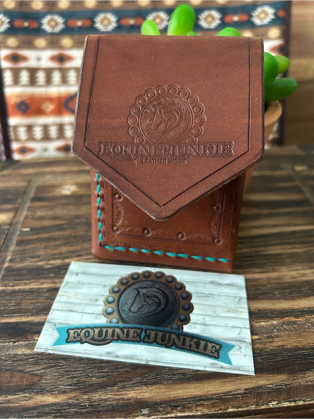 Handmade Brown Leather Billfold Wallet with Turquoise Stitching
